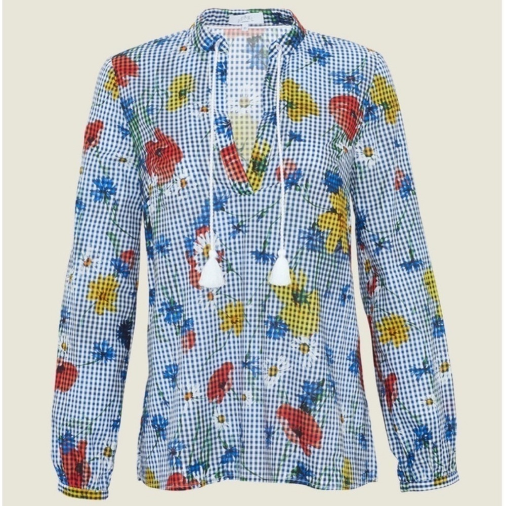 Pearl By Lela Rose- Navy Gingham with Floral Tassel Tie Longsleeve Blouse